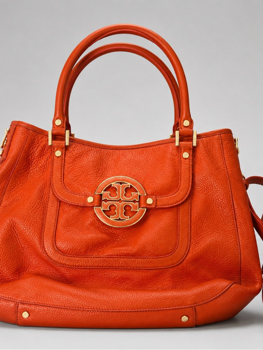 Tory Burch Orange Pebbled Leather Tote with Gold Logo